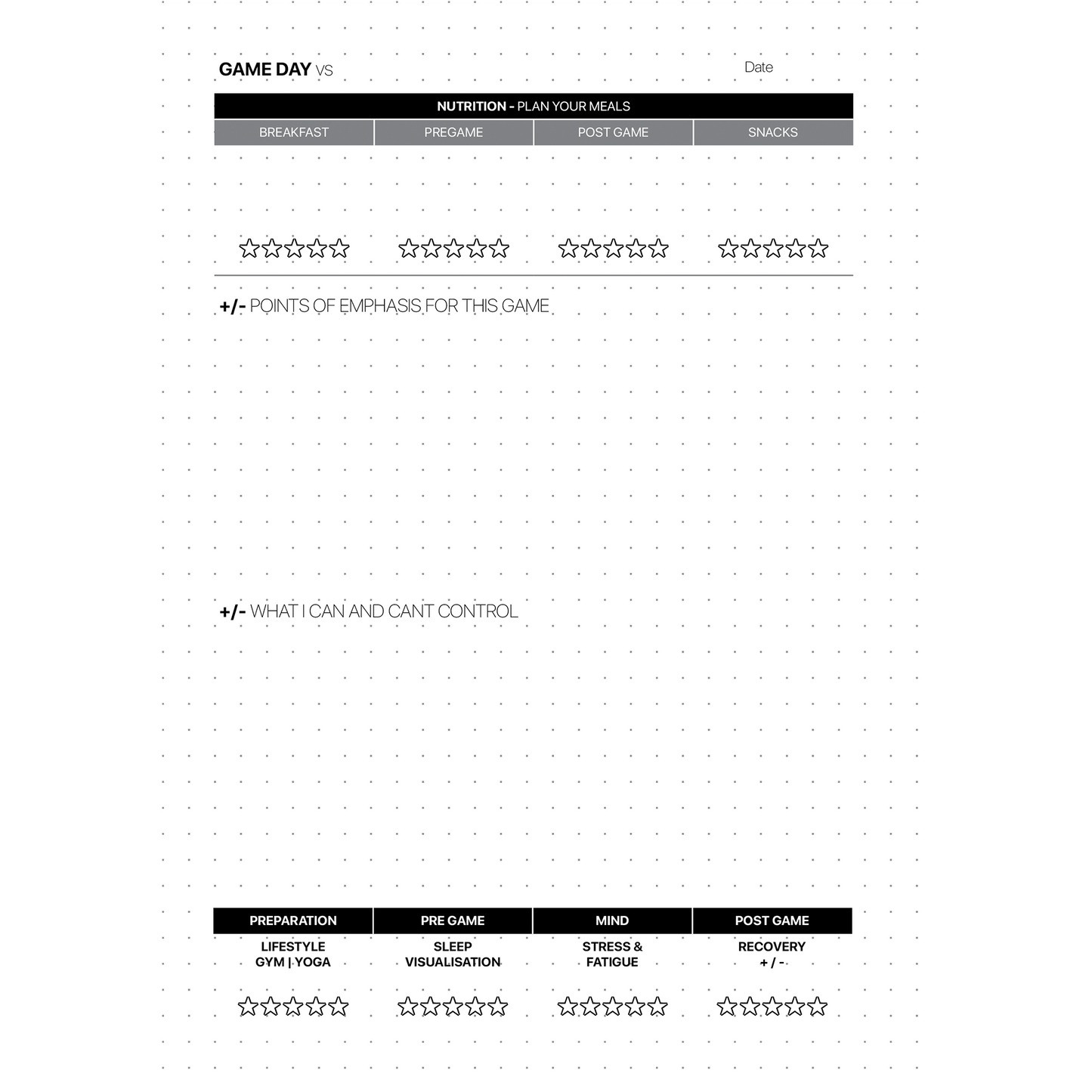 Game day planning sheet with sections for breakfast, pre-game, post-game, snacks, and other activities.