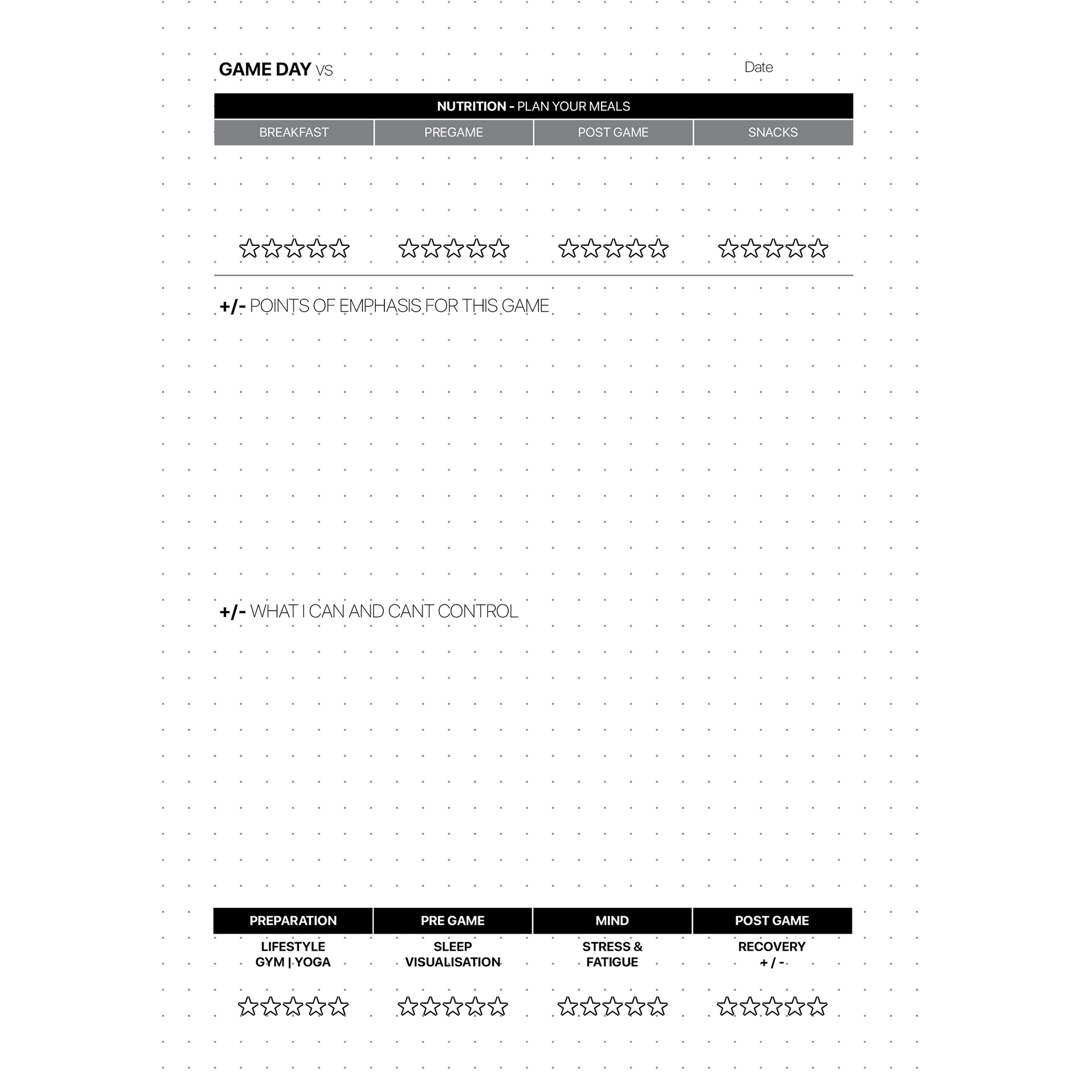 Game day planning sheet with sections for breakfast, pre-game, post-game, snacks, and other activities.