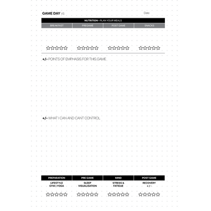 Game day planning sheet with sections for breakfast, pre-game, post-game, snacks, and other activities.