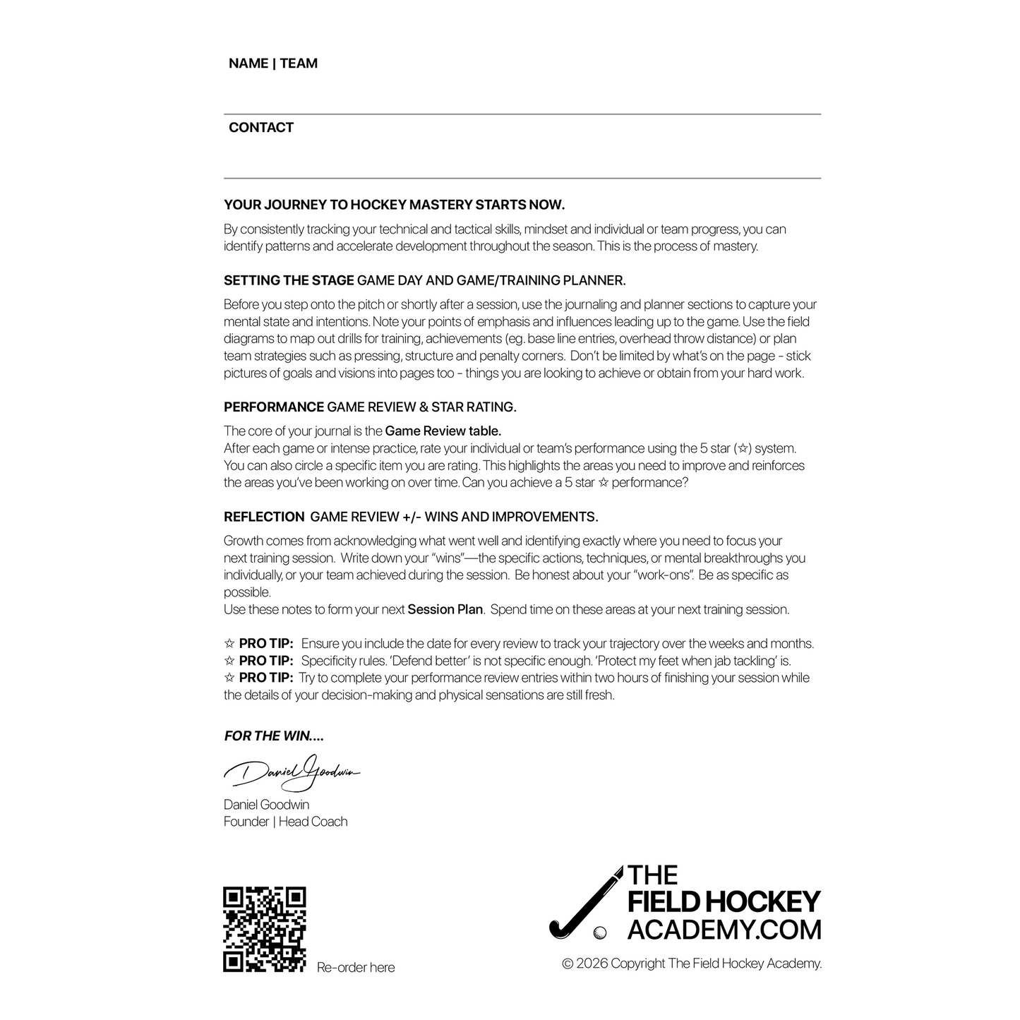 Document on a white background with text and branding for The Field Hockey Academy.