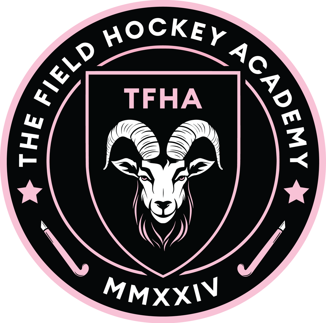 Logo of The Field Hockey Academy with a goat's head and pink accents on a black background.