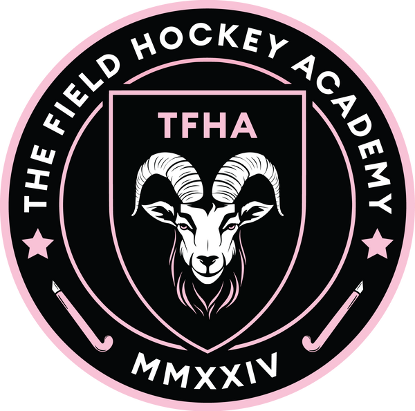 Logo of The Field Hockey Academy with a goat's head and pink accents on a black background.